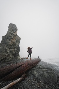 Woman in the fog balancing